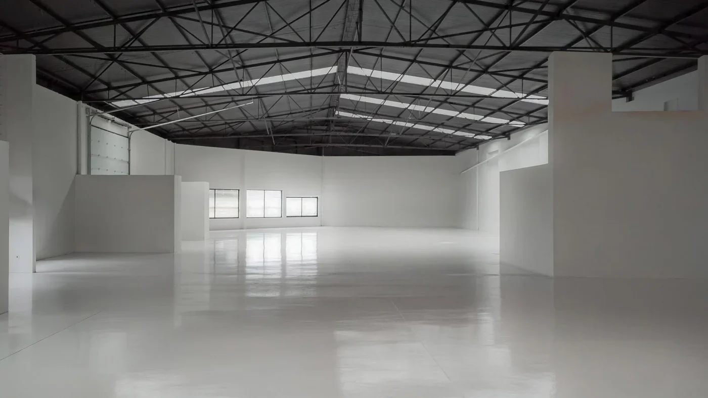 Nave industrial com pavimento epóxi cinzento claro e paredes brancas